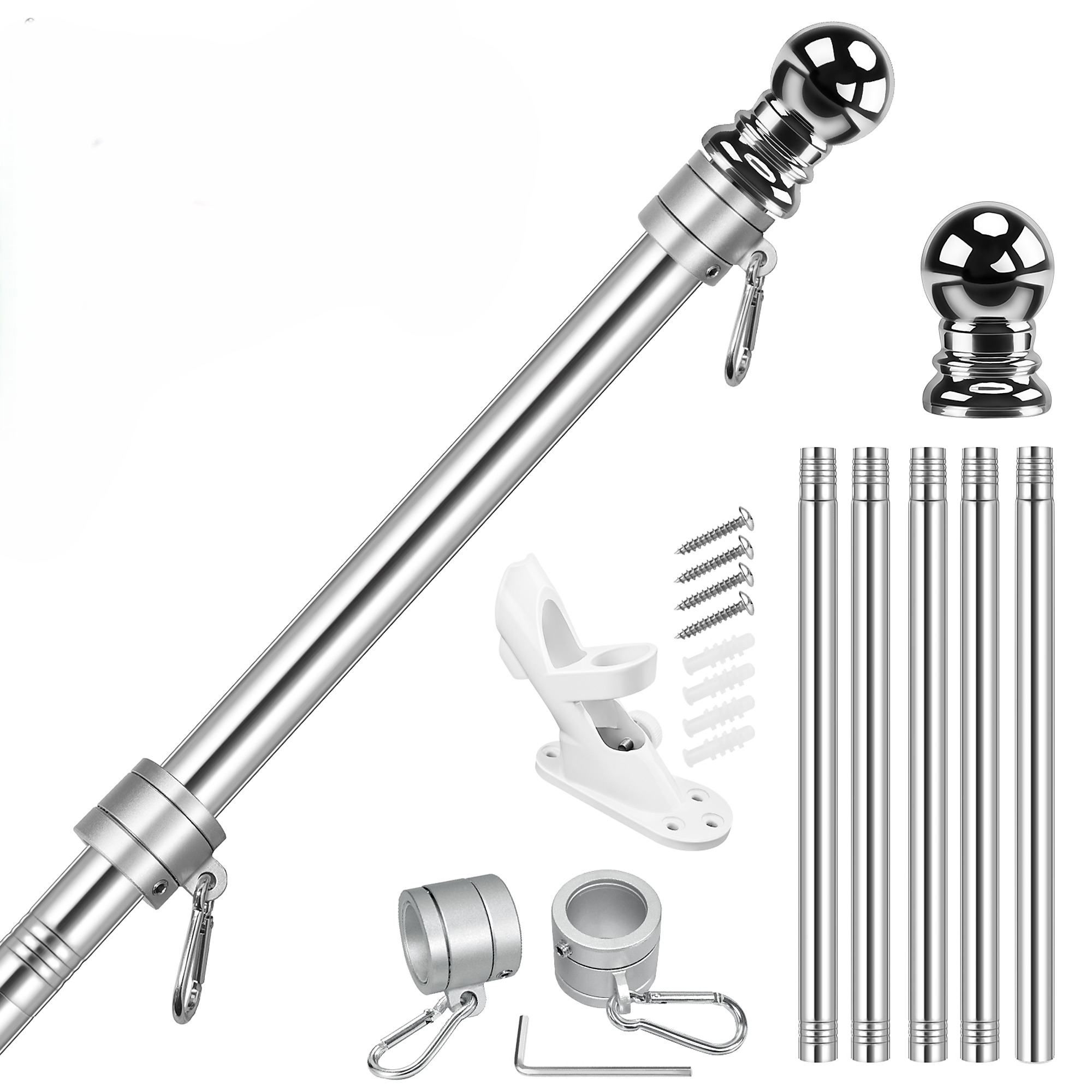 FlagStars 6FT SS Silver Flagpole 5-Section | Anti-Wrap Silver Rings & 2-Position White Bracket | Model# FSB-5S6FS-W2